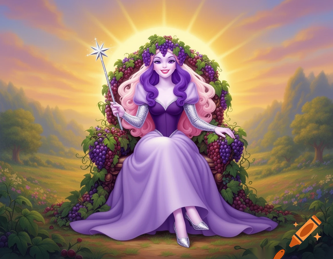 A scene from a 1980's animated Don Bluth movie of a tall beautiful slender-built young woman with pale lavender skin, purple eyes, pink lips, long curly hair in an Ombre coloring of purple & pale fuchsia, wearing a purple grapevine wreath crown, silver heeled shoes, and a long lilac dress with a purple bodice, silver sleeves, and a poofy light purple skirt, holding a long silver star wand in her hands, and smiling as she's sitting on a throne made of berries and plants in a valley with the sun illuminating behind the throne.
