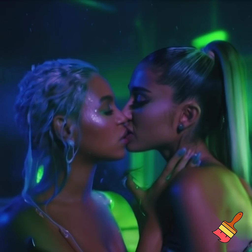 ariana grande and beyonce kissing in sweaty neon environnement hot +18