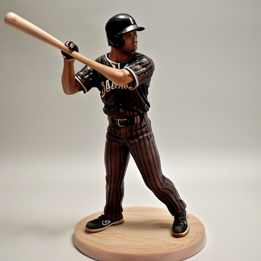 he is a smooth polished wood figure with a baseball bat and does not smile  