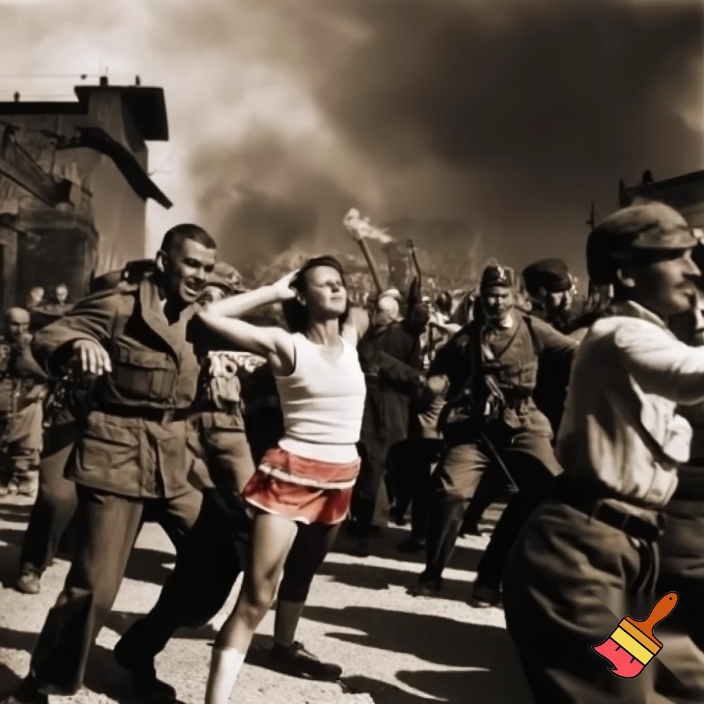 Historical looking photo of the Polish resistance in 1939, pushing back the advancing nazi invasion with a snazzy jazzercise routine