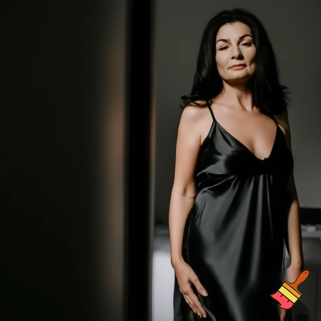 40 year old Brunette woman in full length black satin nightgown