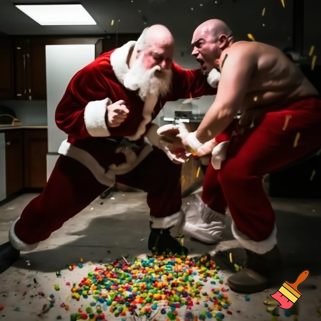 Santa and a bald man fighting over nerds the candy
