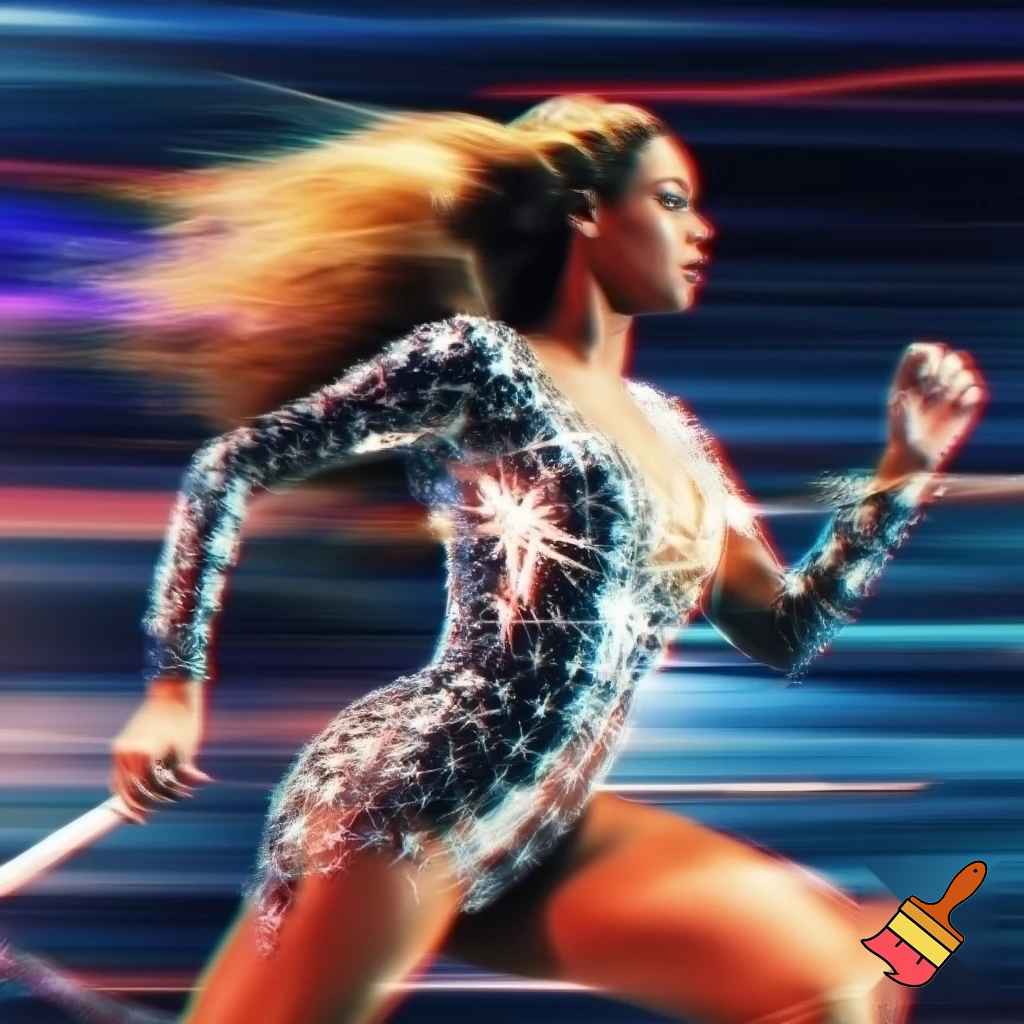 Beyonce with honey blonde slick ponytail runnning blurry photo with a diamond bodysuit chasing with a stick