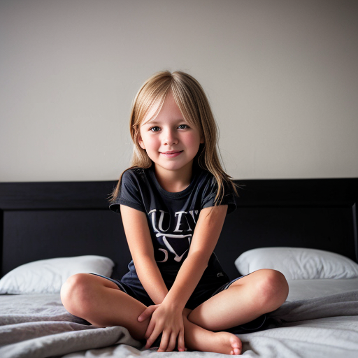 blonde little girl, sitting on bed, on the bedroom