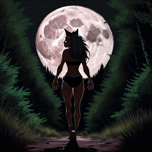 athletic female werewolf shifter. standing in front of the moon. dynamic pose. high quality. in the style of dungeons and dragons. detailed forest background.