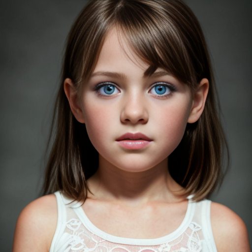 A girl aged 8-11, with siren eyes and short, brown hair, which is straight and up to her shoulders