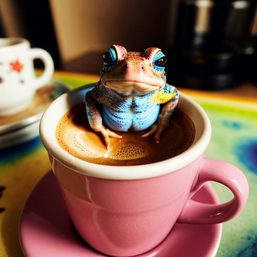 A hillarious, funny boho toad with some hippie colored coffee cups. Psychedelic decorated background, hyperrealistic. Close-up view.