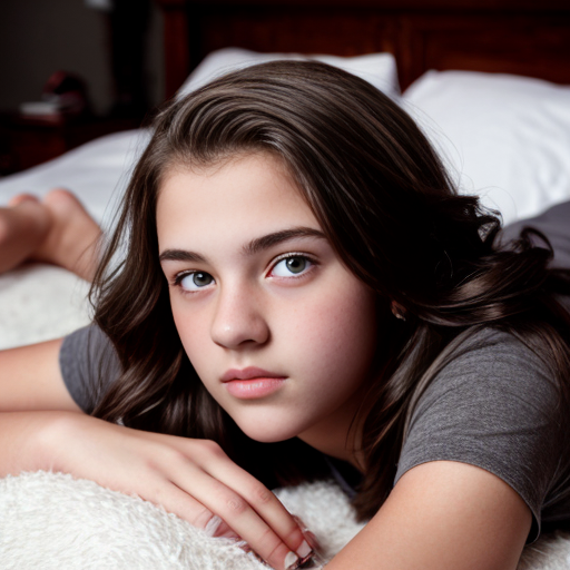 a self portrait of a 14 year old girl with wavy dark brown hair and brown eyes with a diamond face shape teenager , laying, full body