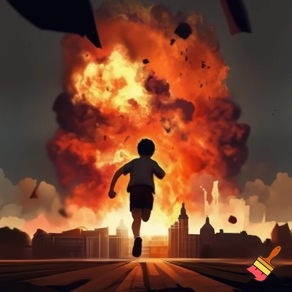 a boy running away from an explosion in germany