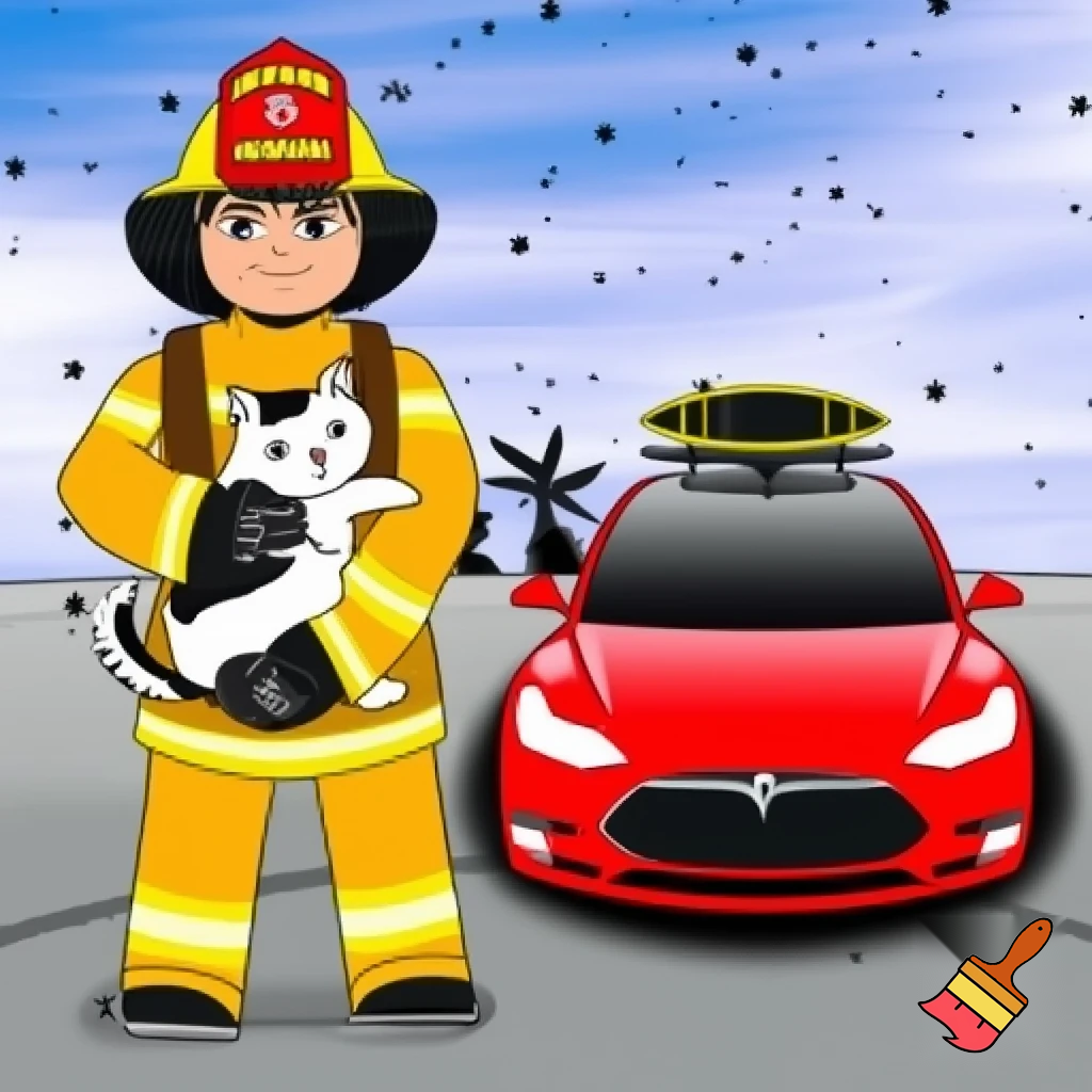 A fireman with a white cat with a Tesla and a surfboard on the roof
