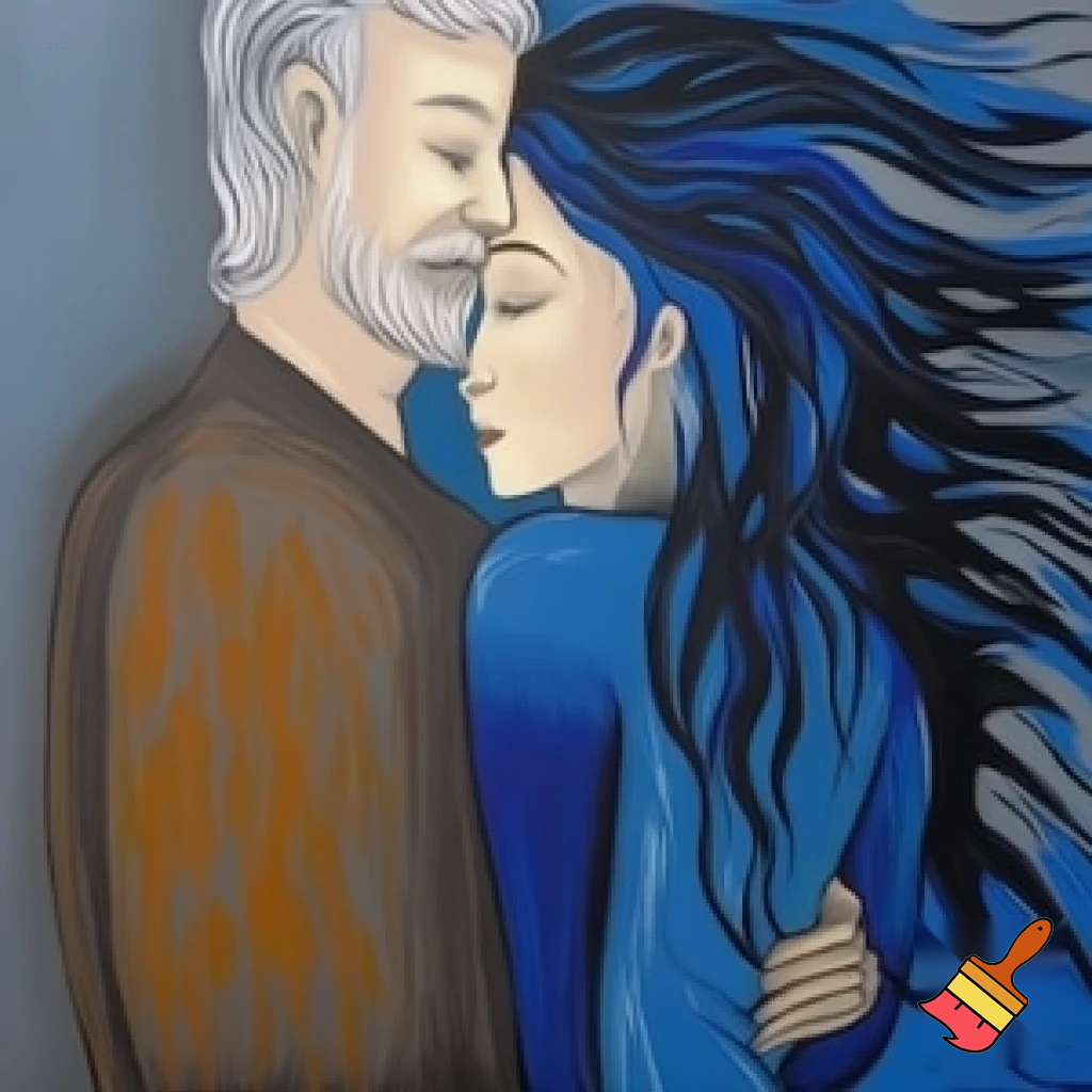 acrylic painting romantic couple older man and young woman with a long hair love blue and grey modern abstract

