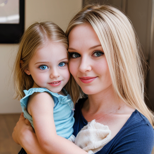 create a daughter that is 2 year with blonde hair and blue eyes and mother who is 27 years old with dirty blonde hair and blue eyes