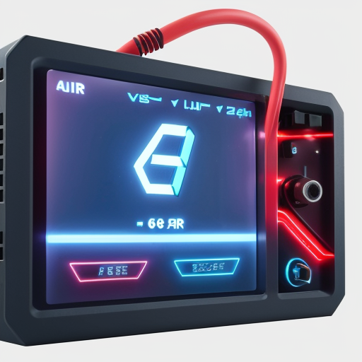 GL918 jump starter and air compressor, streamlined wedge profile (lower front, higher back). Two parallel horizontal ice-blue LED strips on front. Upper strip: above are dual LCD screens side by side. Lower strip: below are five flush touch buttons. Type-C cable in bottom curved recess. Matte dark grey with polished edge chamfers. No handle. Studio shot, dark background, two blue horizontal lines, 8K, --ar 16:9 --v 6.1