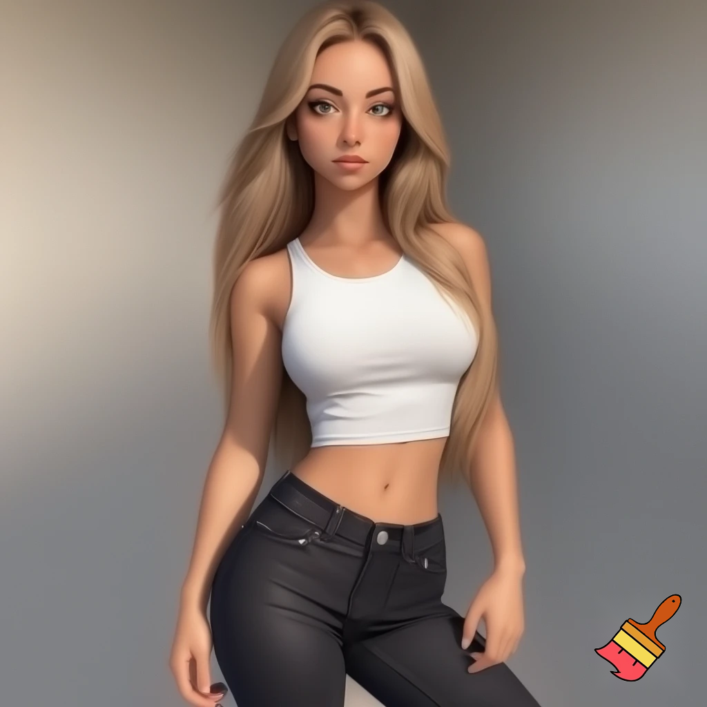 Photorealistic portrait of a blonde woman, approximately 22 years old, with long legs and athletic figure. She has long, naturally flowing blonde hair, light-colored eyes, oval face, almond-shaped haselnut brown eyes, average eye spacing, slim straight nose, naturally full lips, soft facial features, harmonious proportion and delicate, harmonious facial features. Her overall presence is confident, natural, and modern.  Natural daylight. white croptop, black jeans.” 