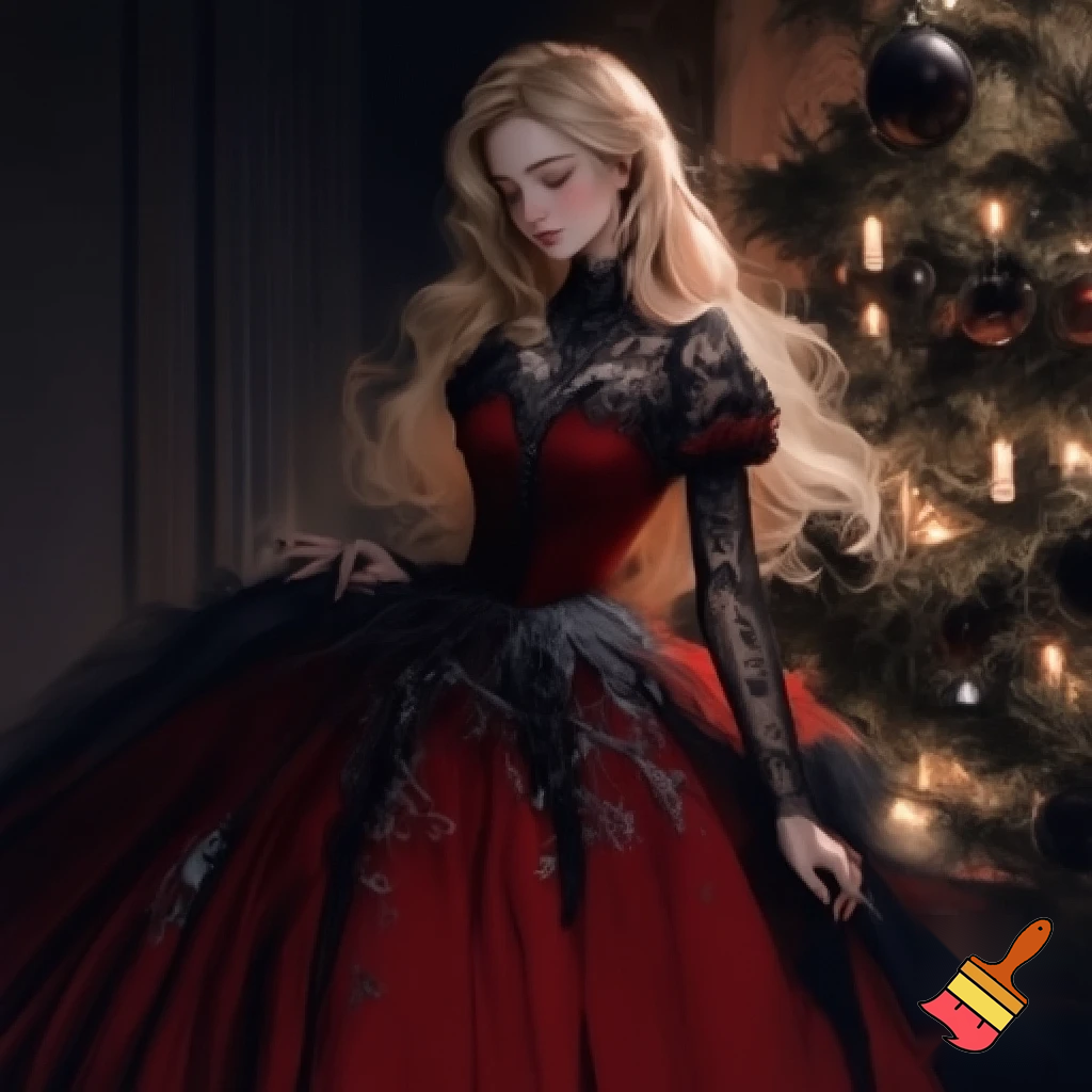 Blonde girl wearing a christmas dress in gothic style