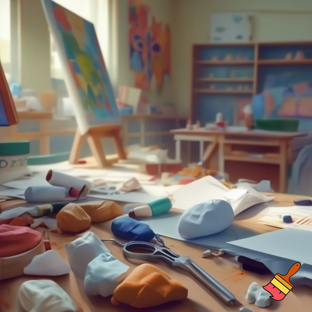 crea un aula con Sector de arte y expresión: témperas, papeles, tijeras, plastilina