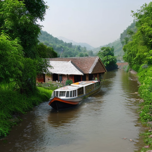 draw a beautiful hill station with river flowing  boat on it with a smakk cottage near river.