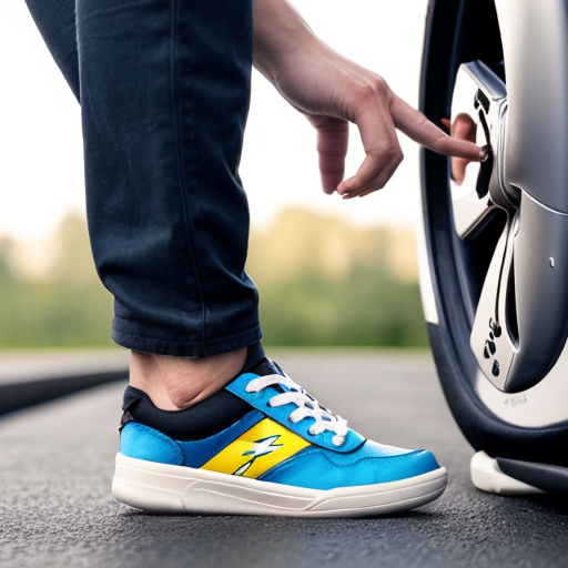 a shoe that has a wheel in the bottom to slide around in but also when the wheel spins it generates electricity and on the side of the shoe it has a lightning bolt on it