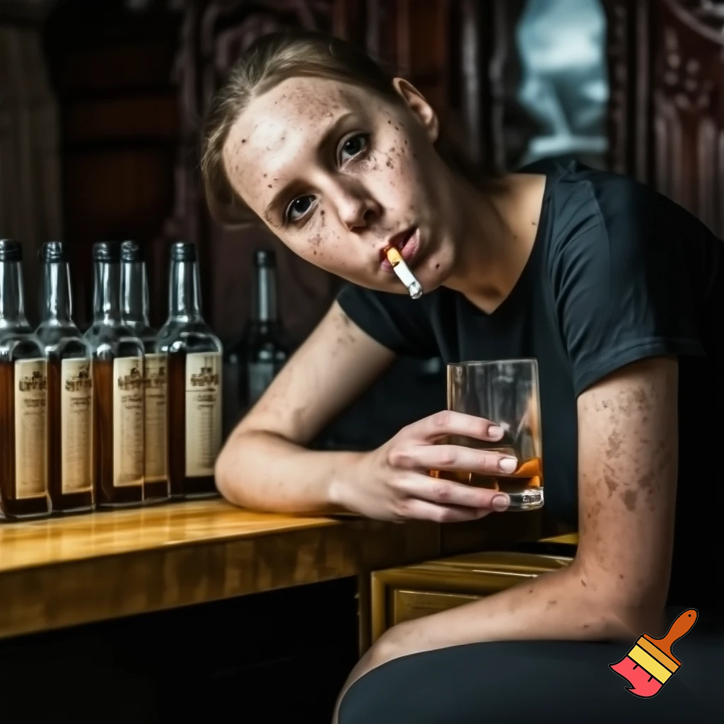 an extremely drunk and passed out 26 year old british girl with freckles in her hand and face wearing black leggings and t shirt at a bar with a cup of whiskey in her hand with a cigarette in her mouth and 8 empty bottles of whiskey 