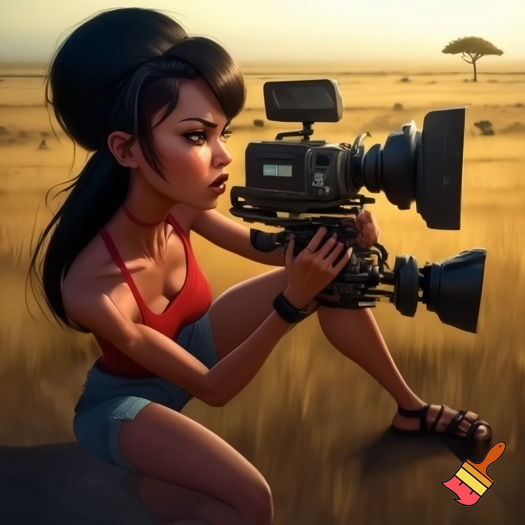 A cute and muscular black-long-and-side-swept-banged-haired fair white woman with arriflex digital camera and wearing red tank top and woman's blue short jeans and putting the sandals on her feet is filmming the plains of the Serengeti in Tanzania.