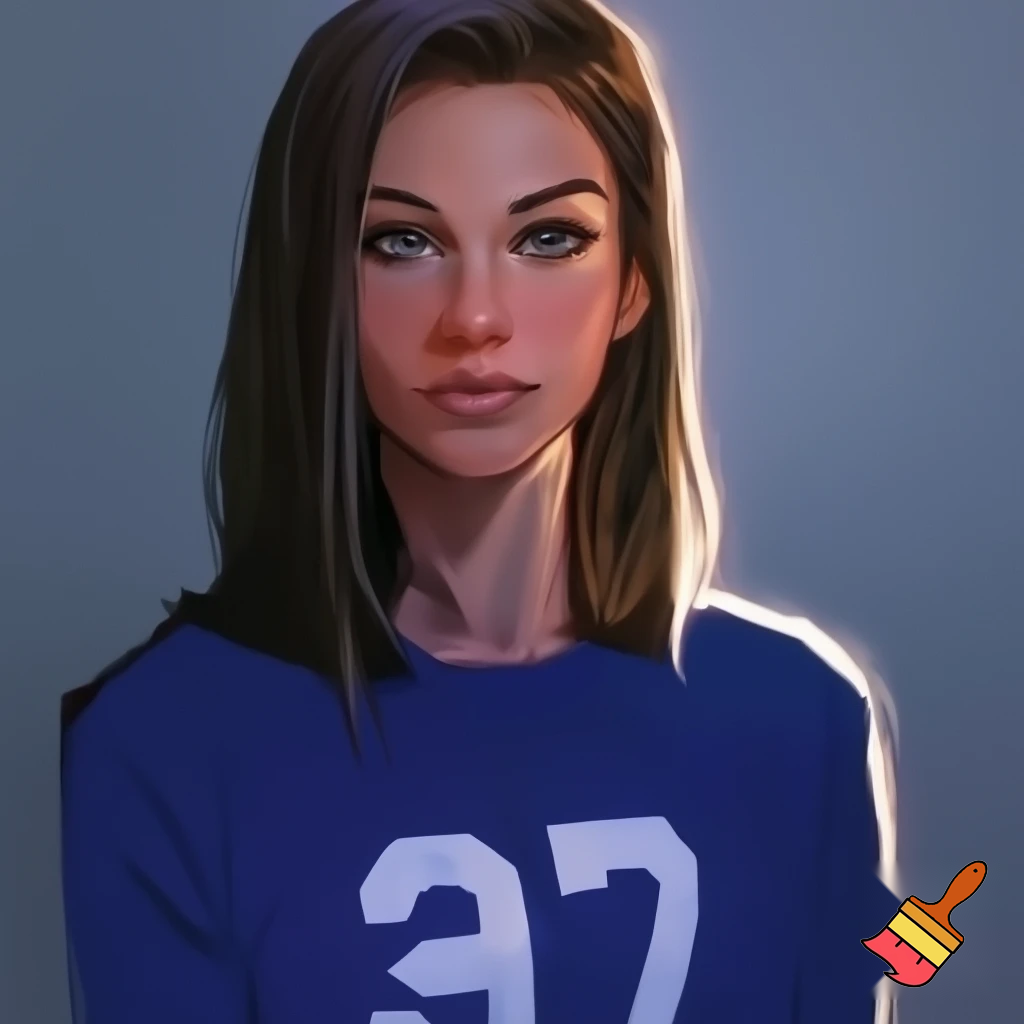 Девочка со средними волосами с прямой челкой с серыми глазами и в синем  лонгсливе с числом 07