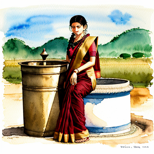 Studio Ghibli style watercolor 1990s rural Tamil Nadu village,
same mother character (28 yo, maroon cotton saree with jasmine braid),
drawing water from village well, brass pot, golden morning light, dust