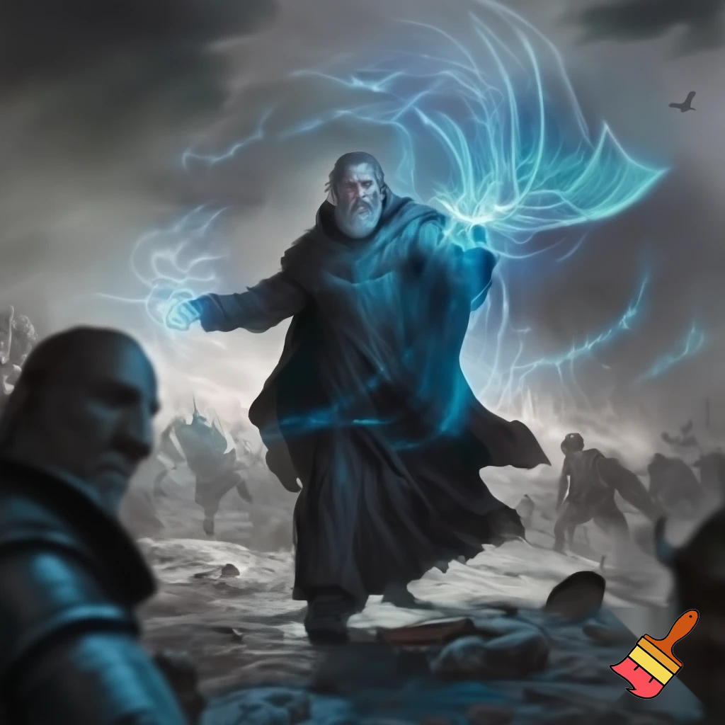 an grey-bearded archmage with hooded black robes, casting a barrier spell in a battlefield