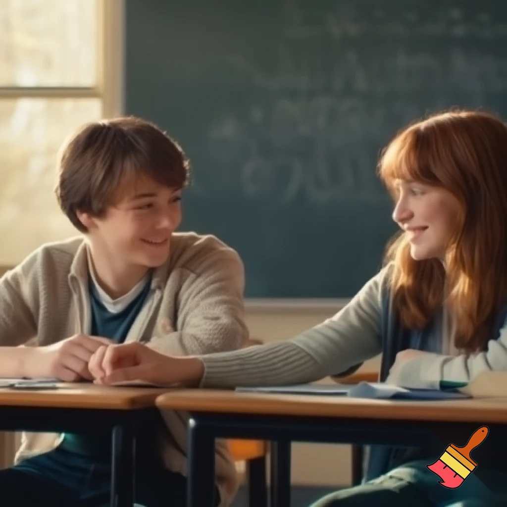 “A teenage boy sitting close with his girlfriend inside a classroom, both smiling softly, holding hands under the desk, blackboard behind them with chalk notes, soft sunlight coming from window, romantic but innocent school romance moment, aesthetic cinematic photography, natural color tones, depth of field background blur, ultra realistic 4K, Sony A7 photo style.”