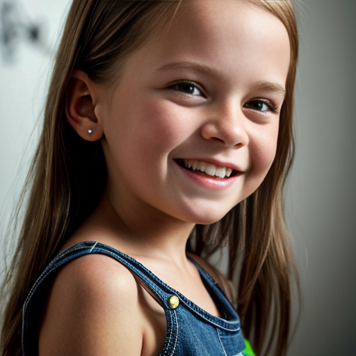 Swedish little girl, at age 5, brunette, straight hair, smiling