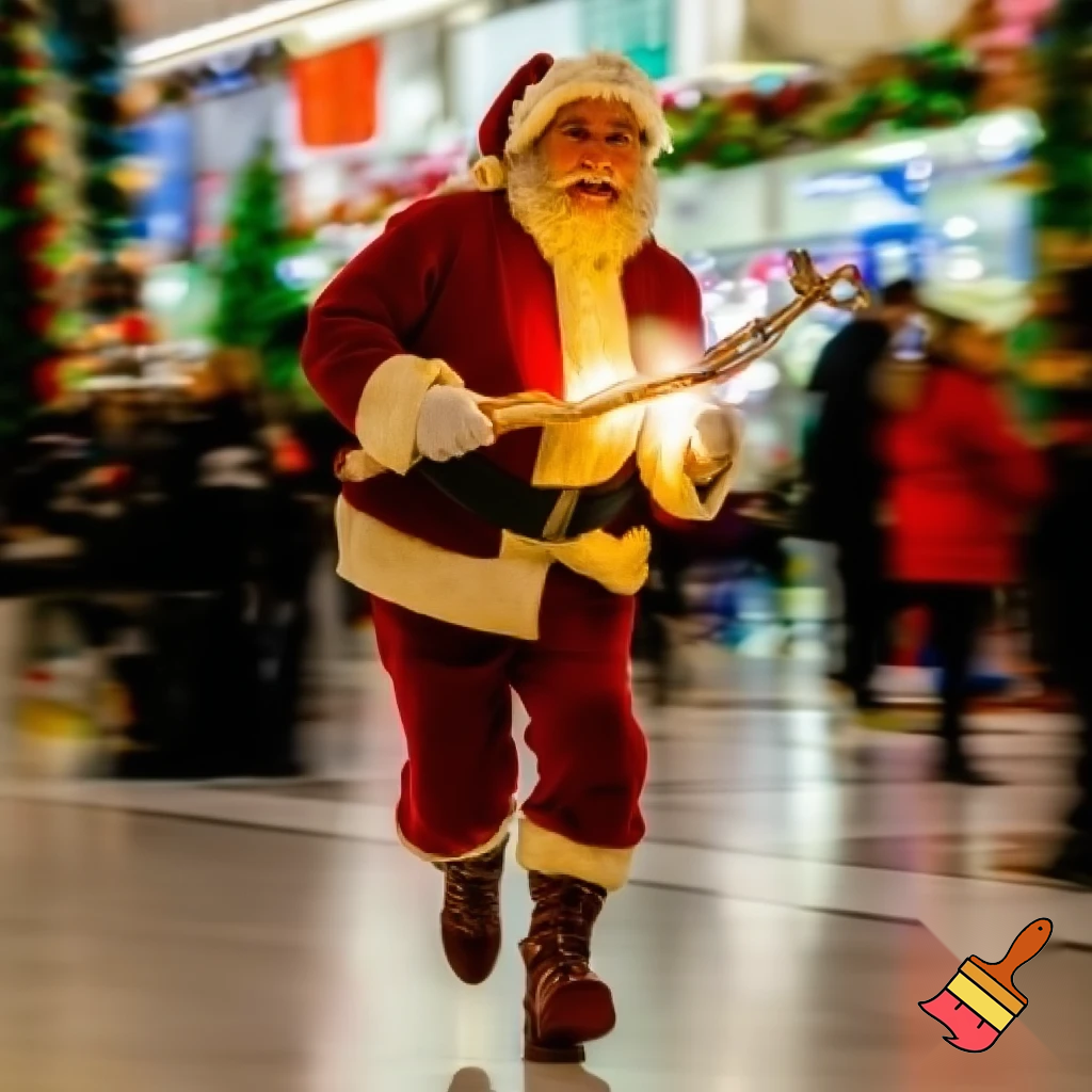 Santa Claus running with the walking stick running with his magic walking stick walking in the shopping centre