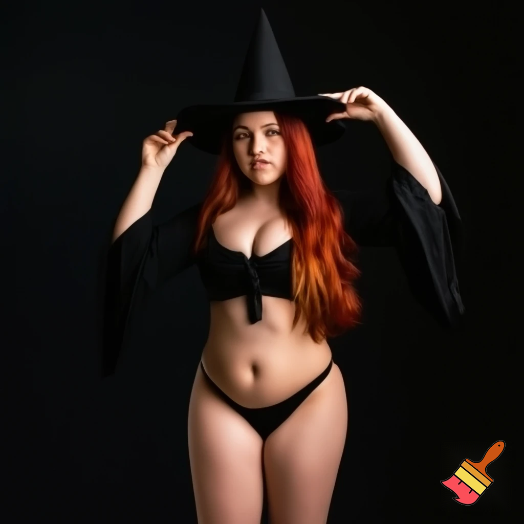 beautiful woman witch outfit, large breasts, standing barefoot, navel, large thighs, large nipples