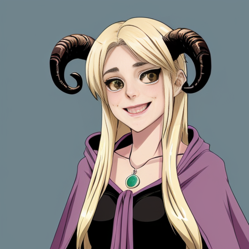 A elegantly beautiful seven-foot tall, lavender-pink skinned Tiefling with ram-like horns, long wavey blond hair and a curvaceous figure. She is dressed for a long journey on the road, with many assorted shiny bobbles worn like jewelry and as adornments on her cloak and around her waist. She has a cheerful smile and jovial ruby eyes. In the art style of a well-drawn comic or anime character.