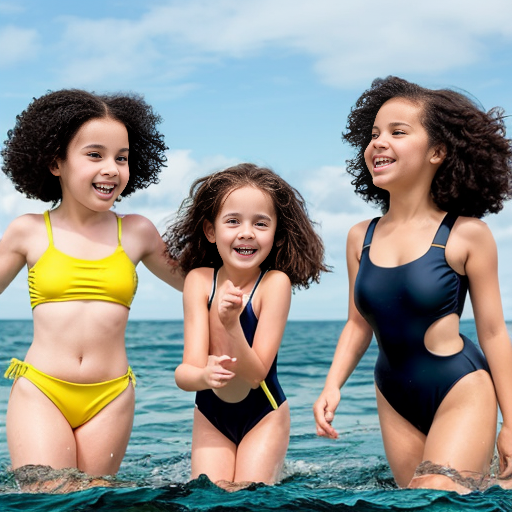 Two young small girls, one with dark skin, black curly hair and red two-piece swimsuit, and the other with light skin, blonde straight hair and blue two-piece swimsuit, they are playing in the sea, cartoon-style 