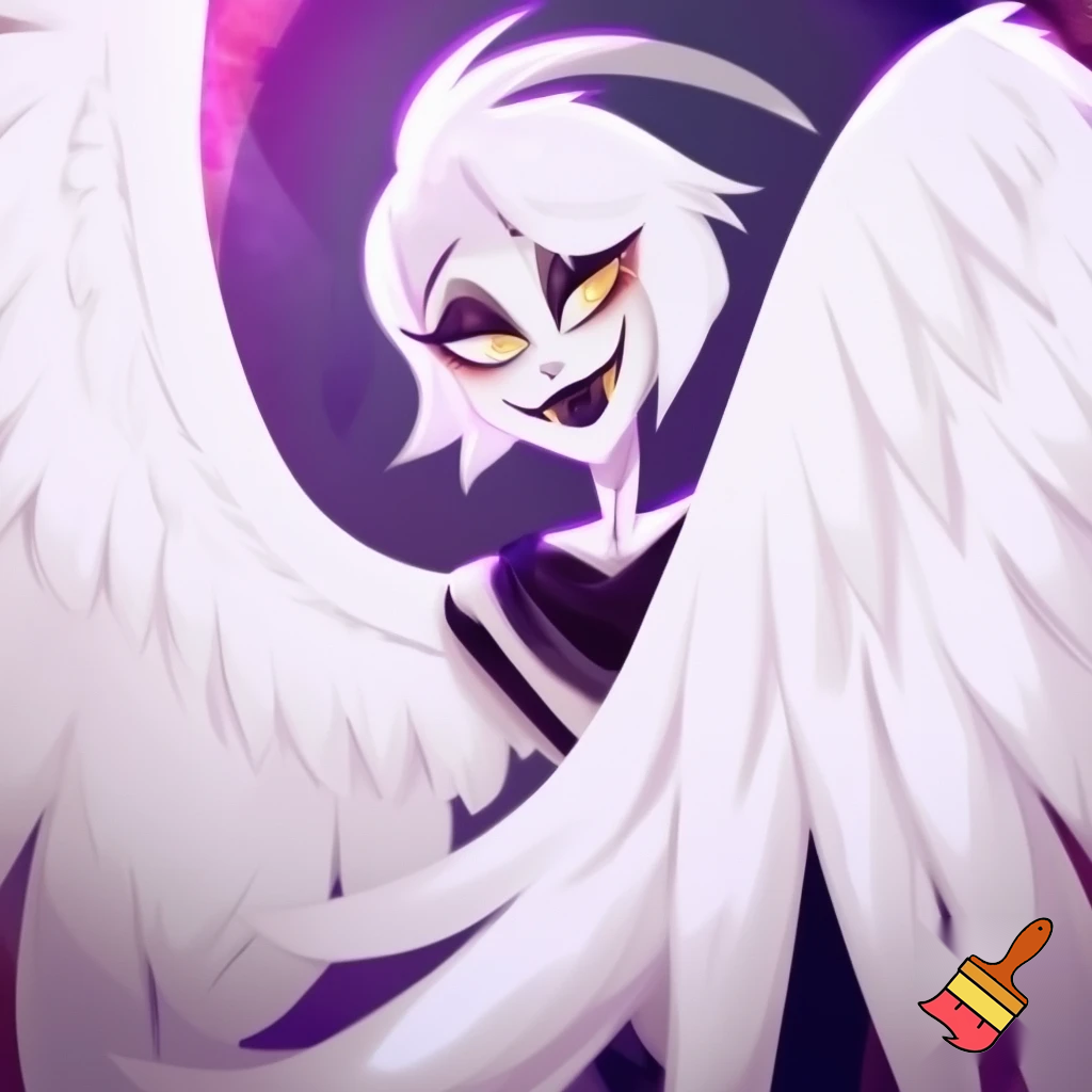 A Male humanoid white-skinned angel with pale yellow-golden eyes, black lips, and short pale white hair that has been cut into an asymmetrical bob cut with an undercut. He has a kind face, wears different clothing, and white wings. Full Body from the head-to-the feet. Hazbin Hotel Animation.
