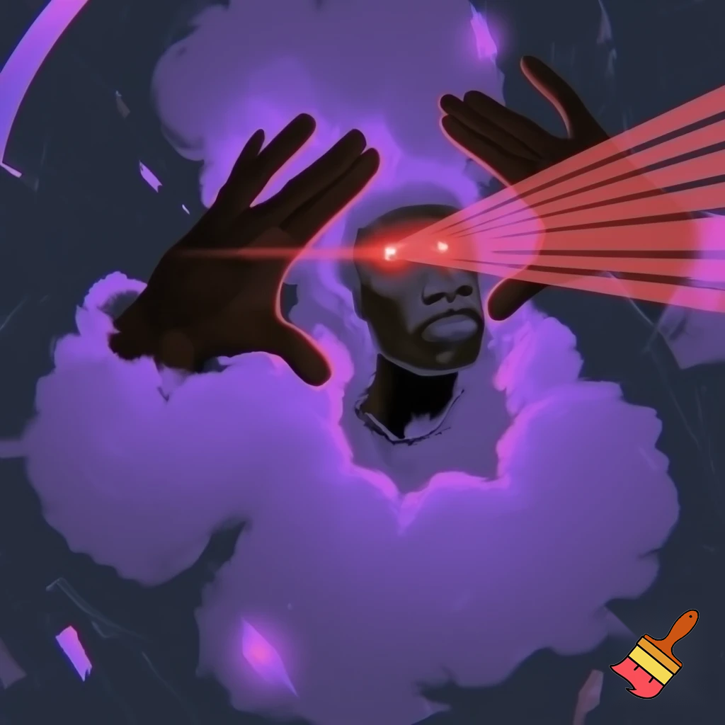 Make the khaby lame mechanism with 6 7 on his hands, then make lasers shoot out of his eyes and have a purple haze around him