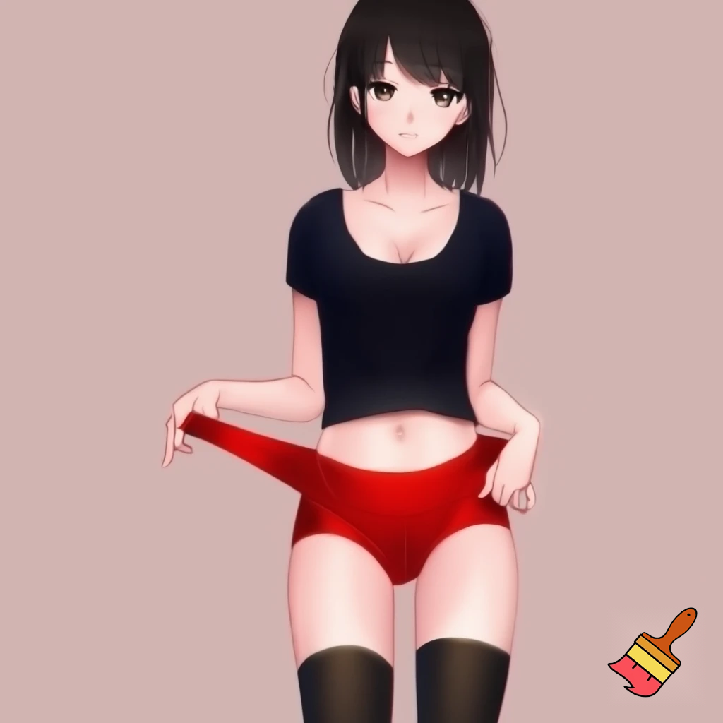 Anime girl 20 years old so cool and cute with red underwear clothes is dressing very short shirt and thigh high socks is standing in cool pose and her body and ass and wait so cool and shiny body make it so anime and make