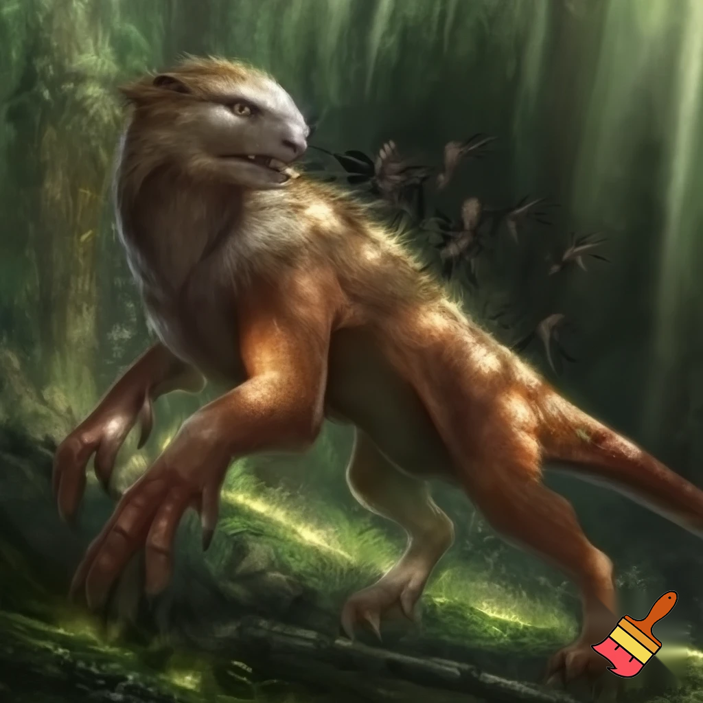 generate a picture that lives in a temperate forest it eats herd bound herbivores and its symbiotic relationship is mutualism but small animals eat it because they are in packs
 