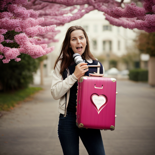 Mujer con maleta, megafono y un corazon floreciendo