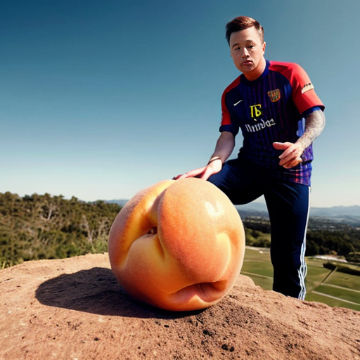 Elon touching a large peach on a hill and Messi there