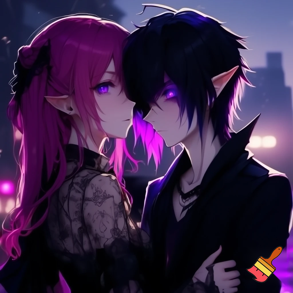Anime boy, emo, black and purple streaks in hair, elf ears, glowing purple eyes, with a anime girl with pink long hair and goth outfit 