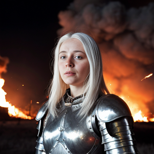 young, tall, white-haired woman in armor stands in front of a burning castle into which meteorites are falling.