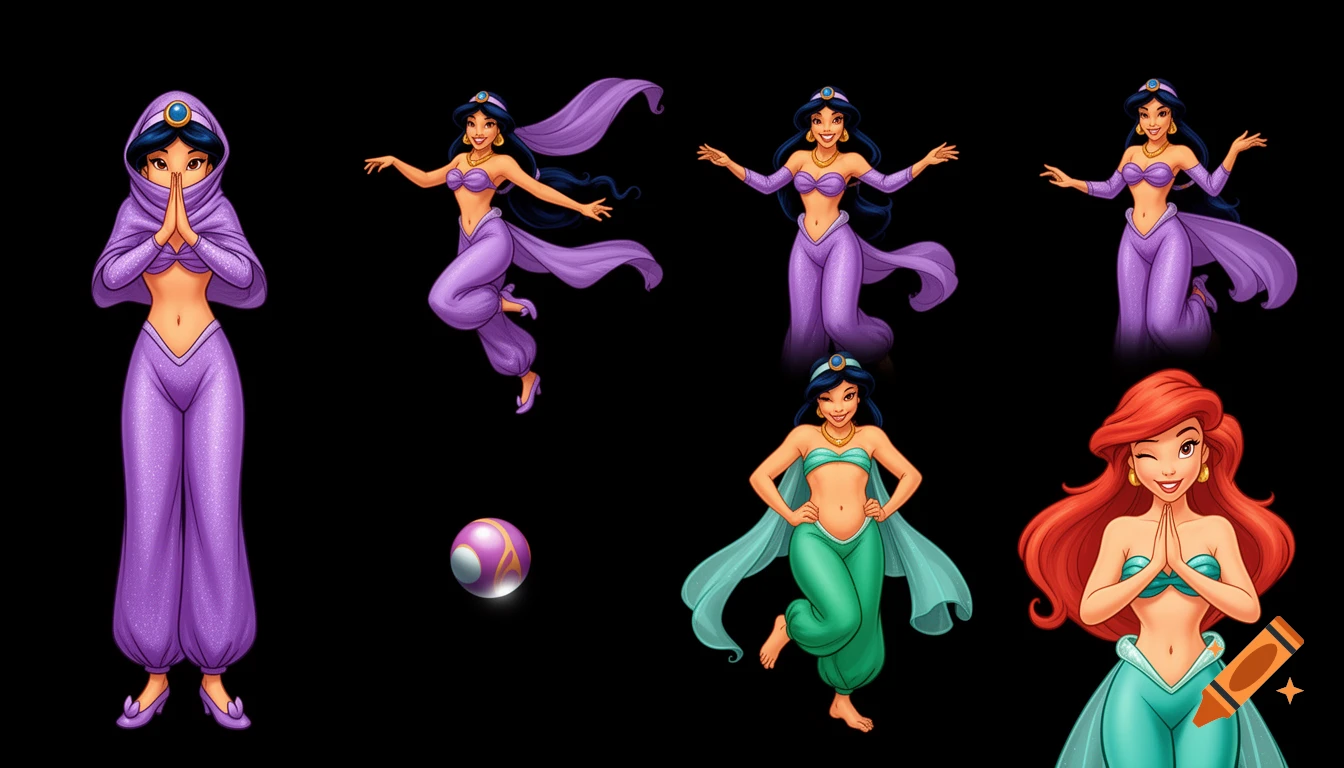 90's disney's 2d aladdin style comic black background and panels of 
panel 1 princess jasmine  with purple harem pants and bra and purple curved slippers with both hand palms place together and hiding the bottom of her mouth with a purple veil wrapped around her arms and attached to her head. 
panel 2 she danced with purple harem pants with purple bra and Purple curved slippers and with purple veil wrapped around her arms and attached to her head and raising legs and bounced up and down her belly and shook her hips left and right. 
panel 3 as princess jasmine with purple harem pants and purple bra and purple curved slippers and with a purple veil wrapped around her arms and shoulders and spreading her arms, happily revealing her face to the viewer and giving a smile as she turns around shook her butt left and right. 
Panel 4 Princess jasmine with purple harem pants and purple bra and purple curved slippers with purple veil started to fading away , except her belly, which transforms into a ball bouncing around. 
Panel 5 then the ball transforms into the fading in belly of ariel barefoot with green harem pants and green bra and veil wrapped around her arms and attached to her head with her swaying her hips and spreading her arms. 
Panel 6 ariel barefoot with green harem pants, green bra and veil wrapped around her arm with her hand palms place together between her chest and gives a smile and winking her left eye. 