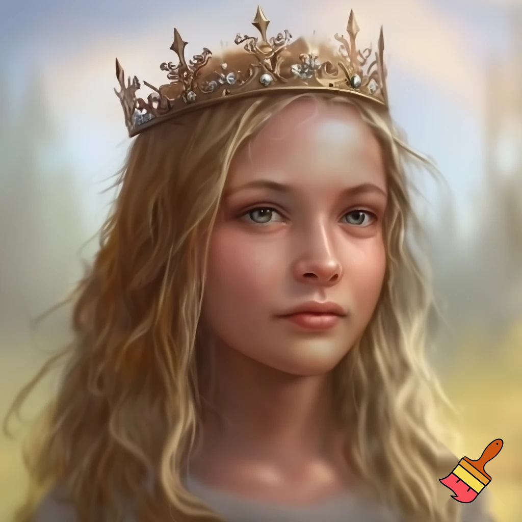 a 12 year old girl monarch with dirty ish blonde hair and a crown
