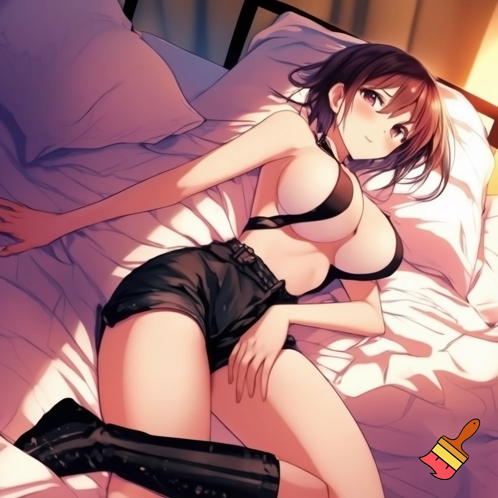 Anime girl 20 years old so cool and cute is dressing an low cut dress and very cool short black jeans in bed make is so anime