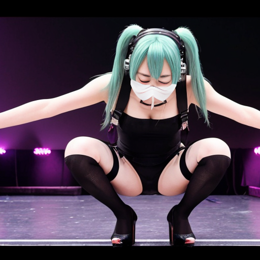 Hatsune Miku, a virtual singer, was performing on stage. She was wearing her standard performance outfit, paired with black tights and black platform Mary Jane heels, creating a striking and eye-catching look.

During the performance, Hatsune Miku's right heel got stuck, causing her right high heel to slip off. Due to the excessively high heel, she lost her balance and fell. When she tried to put the shoe back on, she found it was the wrong size; either too big and it would slip off easily, or too small and she couldn't get it on. She even tried hopping on one leg to put it back on, but still couldn't succeed. After several unsuccessful attempts, she had to be helped off the stage by staff.

While performing on stage, Hatsune Miku suddenly experienced a cramp in her right leg and fell. After a short rest, she tried to get up, but her right leg cramped again, causing her to fall to the ground once more. She looked pained and turned to adjust her posture. After further treatment, she was helped up by others and sat in a chair to massage her injured right leg to relieve the discomfort.

During the performance, Hatsune Miku accidentally sneezed, then covered her mouth and sneezed repeatedly, before covering her mouth and nose and bending over to cough. She continued coughing while bending over and turning around, then felt nauseous and began to vomit, painfully vomiting in a squatting position until she finally collapsed on stage from exhaustion.