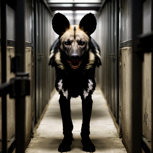 A black wild dog wearing a prison outfit looking DEADLY, sinister, angry and malicious