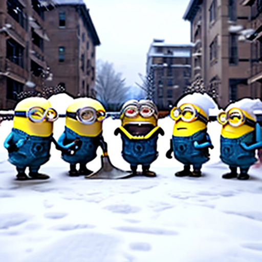 6 elmos in a circle pointing at an angry minion sitting in the middle of the elmos. Outside in the snow. A group of minions with shovels are coming in the background to save the minion.