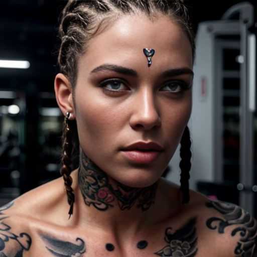Muscle women  dark red cornrows dark green eyes tattoos