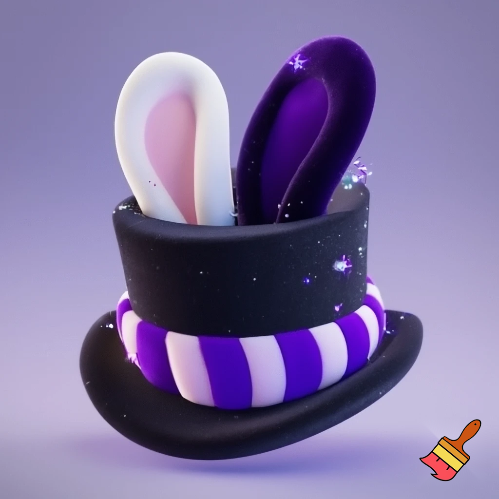 Black top hat with bunny ears velvet white and purple purple and white headband fabric and velvet glitter, purple and pink