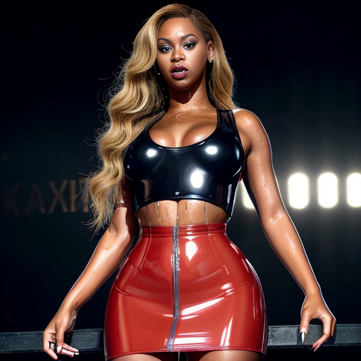 Beyonce  in wet in a red latex top with latex skirt with long red nails with honey blonde hair selfie
